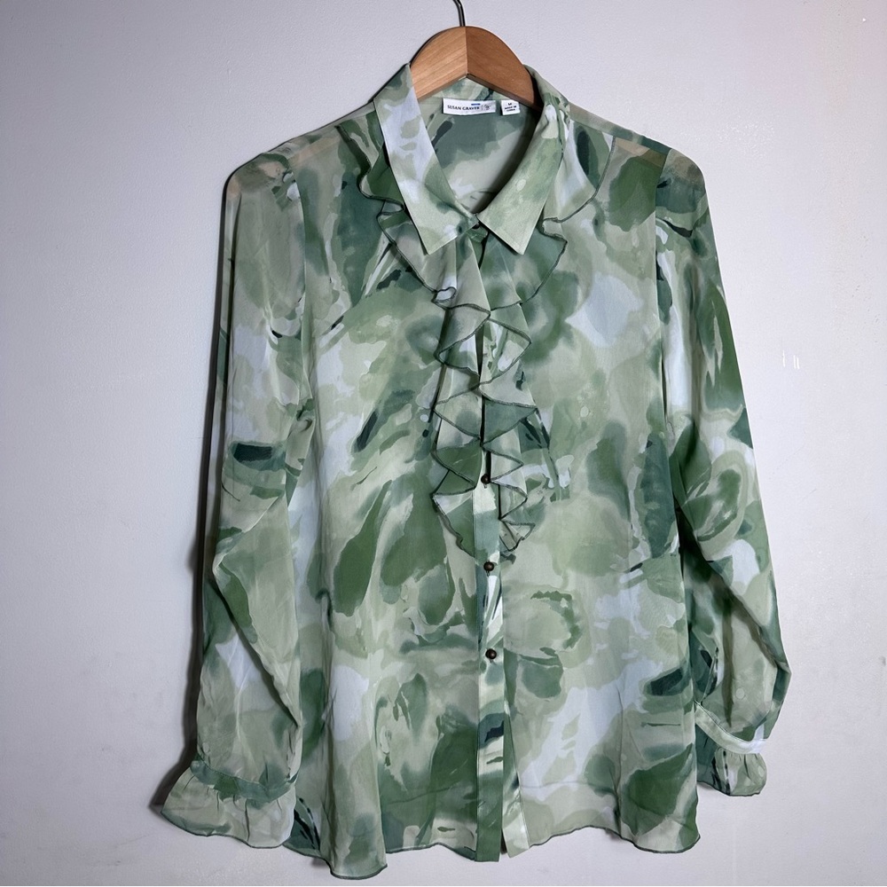 Green Watercolor Ruffle Front Blouse